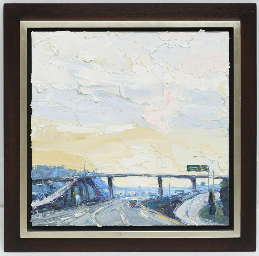 Carolyn Meyer, San Francisco highway painting: Carolyn Meyer, San Francisco highway painting, Carolyn Meyer (American, 20th c.), "Ice Cream Sky", 2005, oil on canvas, signed "Carolyn Meyer", titled, and dated verso, 18"squ (canvas), 23"squ (frame)
