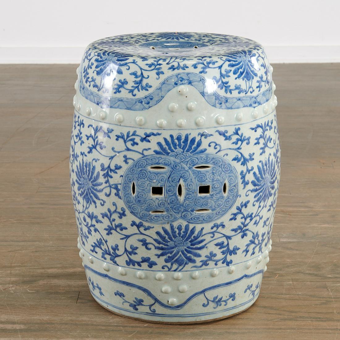 Chinese blue and white garden seat: Chinese blue and white garden seat, Qing Dynast or later (19th/20th c.), blue underglazed porcelain, decorated with peony flowers on vine, pierce carved medallions in seat and sides, 19"h x 16"dia Pro