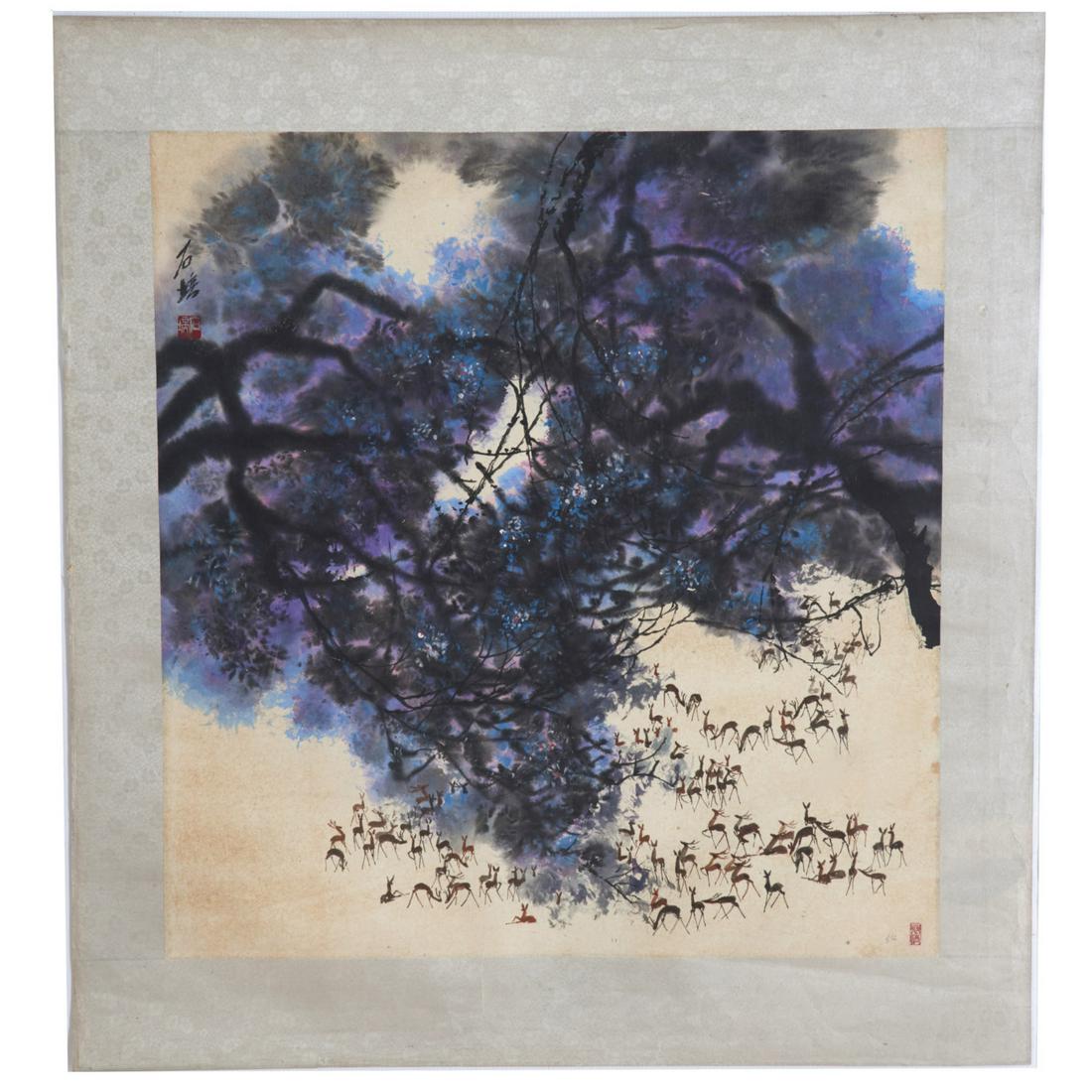 Chen Chi (manner of), watercolor painting: Chen Chi (manner of), watercolor painting, Manner of Chen Chi (Chinese/American, 1912-2005), Abstract landscape with deer herd, watercolor and ink on paper, mounted to silk, artist signed, two red sea