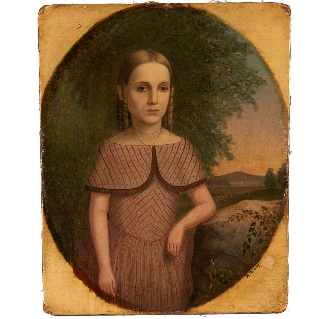 Horace Bundy (attrib.), oil on canvas: Horace Bundy (attrib.), oil on canvas, Attributed to Horace Bundy (American, 1814-1883), Portrait of a New England Young Woman, signed along right edge (obscured by frame), artist name inscribed verso