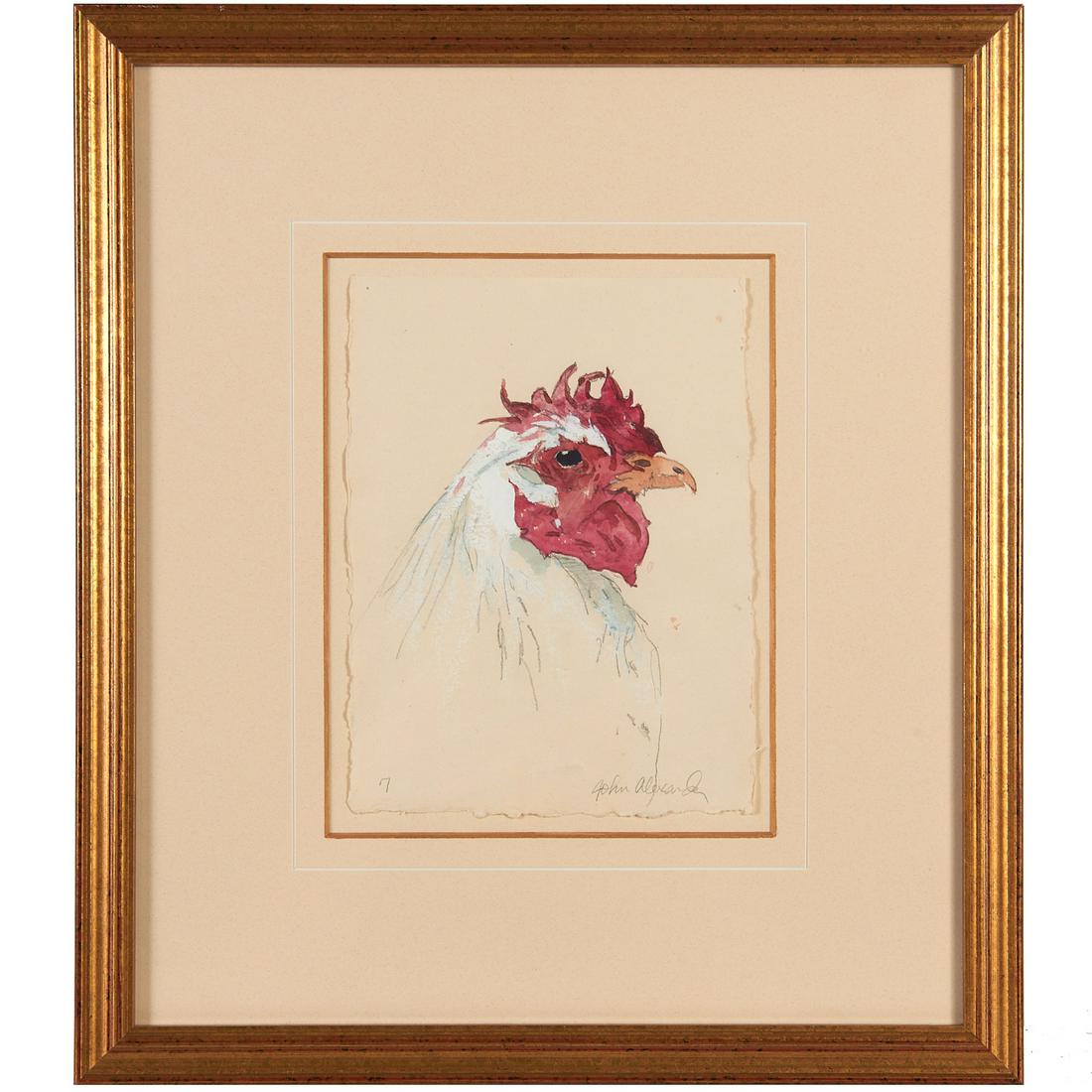John Alexander, watercolor graphite on paper, 2000: John Alexander, watercolor graphite on paper, 2000, John Alexander (American, b. 1945), Rooster, pencil signed lower right, framed under glass, 8"h x 6"w (sheet), 16"h x 14"w (frame) Provenance: The C