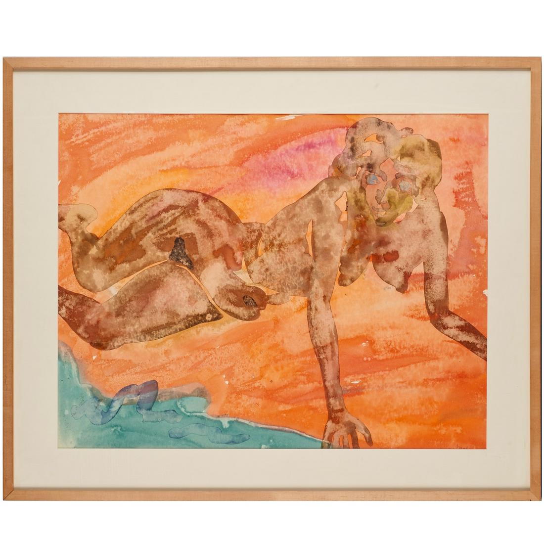 Mary Frank, watercolor: Mary Frank, watercolor, Mary Frank (American, b. 1933), Female Nude, watercolor on paper, signed lower right, matted and framed under glass, 19"h x 25"w (sight), 26"h x 31"w (frame) Provenance: The Ar