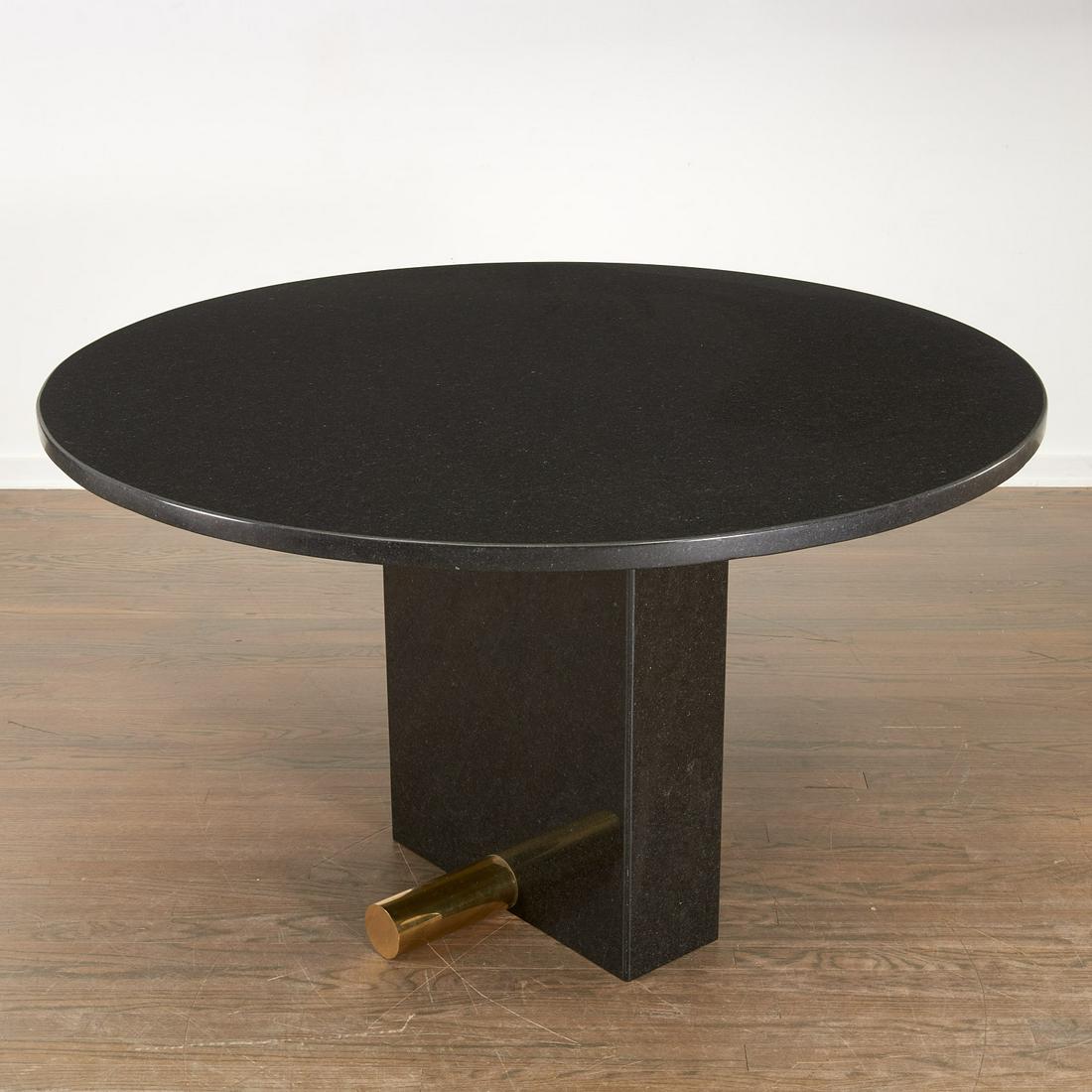 Modern granite dining table after Andre Sornay: Modern granite dining table after Andre Sornay, 20th c., possibly Brueton, with polished brass tube foot, high quality, unmarked, 29"h x 50"dia