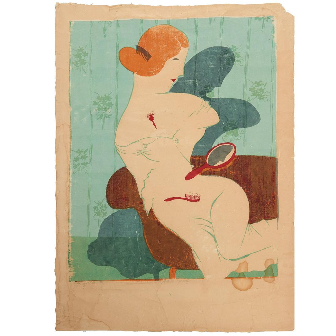Mayumi Oda, woodcut: Mayumi Oda, woodcut, Mayumi Oda (Japanese, b. 1941), "Storyville VII", artist proof woodcut in colors, titled in pencil lower left, no signature visible, 34"l x 24.5"w (sheet), unframed