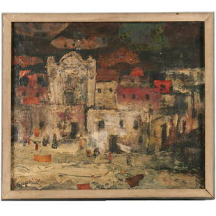 Louis Siegriest, oil and collage on board: Louis Siegriest, oil and collage on board, Louis Siegriest (American, 1899-1989), "Jocotepec, Mexico", impasto oil and newspaper collage on artist board, signed "Siegriest" lower left, titled and