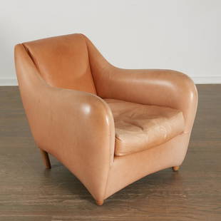 Matthew Hilton, Balzac club chair: Matthew Hilton, Balzac club chair, c. 1991, England, brown leather, oak legs, for SCP Products, no label present, 31"h x 31"w x 26"d, 17" (to seat)