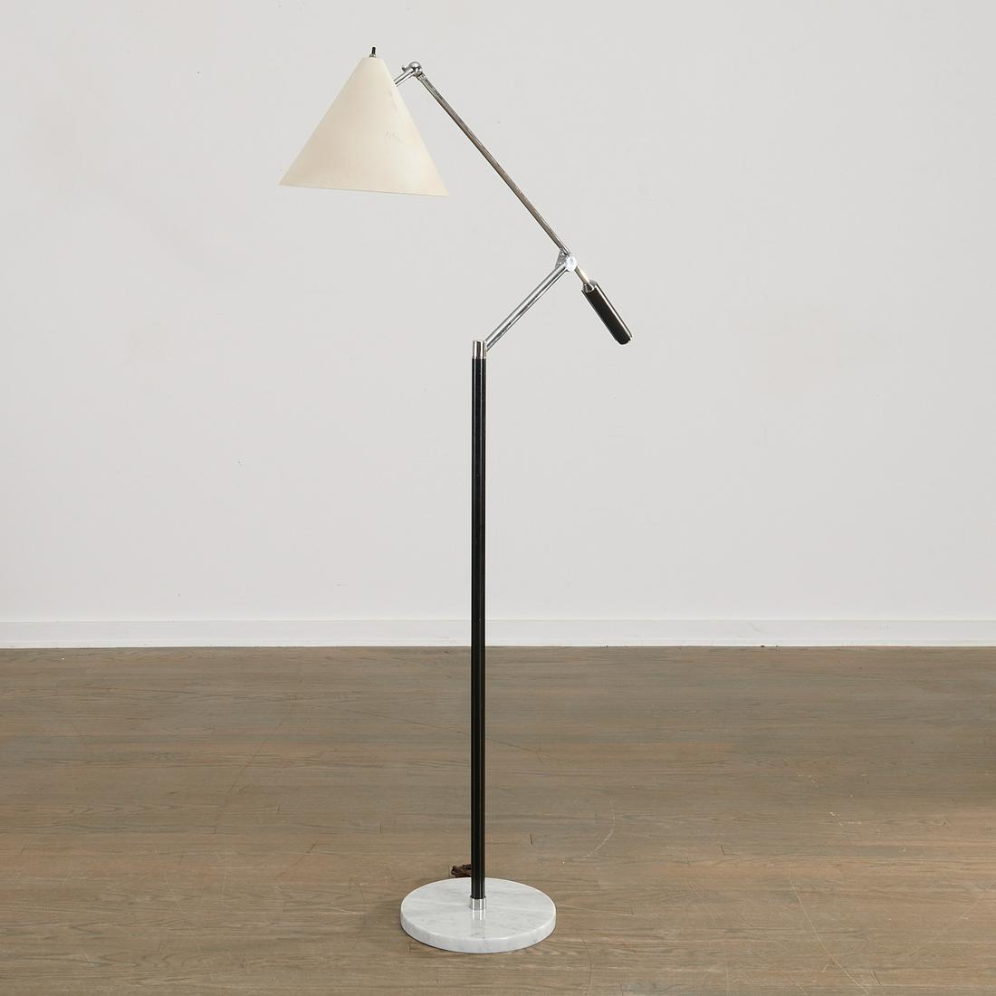 Arteluce (attrib.), cantilever floor lamp: Arteluce (attrib.), cantilever floor lamp, 20th c., Italy, chromed and black enameled steel, cream painted metal shade, marble base, stitched leather handle, with tension adjusted pivoting arm and sha