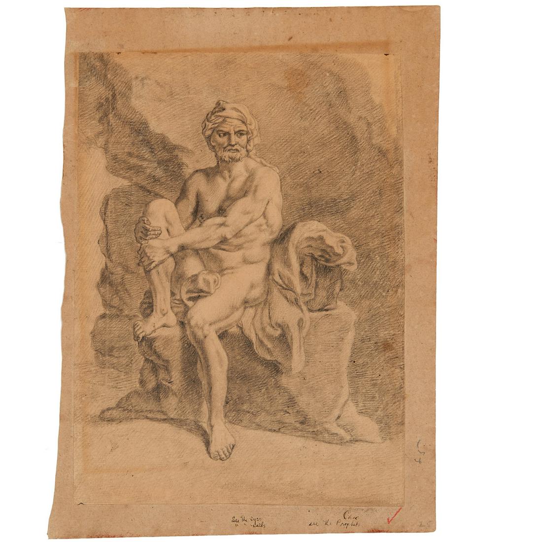 Louis Cheron (attrib.), drawing: Louis Cheron (attrib.), drawing, Attributed to Louis Cheron (French, 1660-1725), Possibly the Prophet Obadiah, graphite on paper, laid on paper, ink inscribed on paper mounting, "See the Eyes, see the