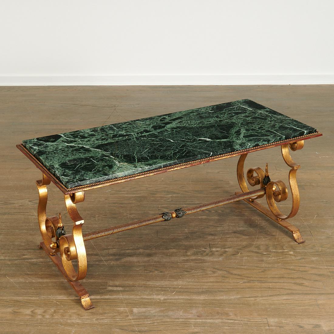 Gilbert Poillerat (attrib.), iron coffee table: Gilbert Poillerat (attrib.), iron coffee table, Attributed to Gilbert Poillerat (French, 1902-1988), c. 1940s, gilt and red bole finished flat bar iron bent into flamboyant scrolls, dark patinated tol