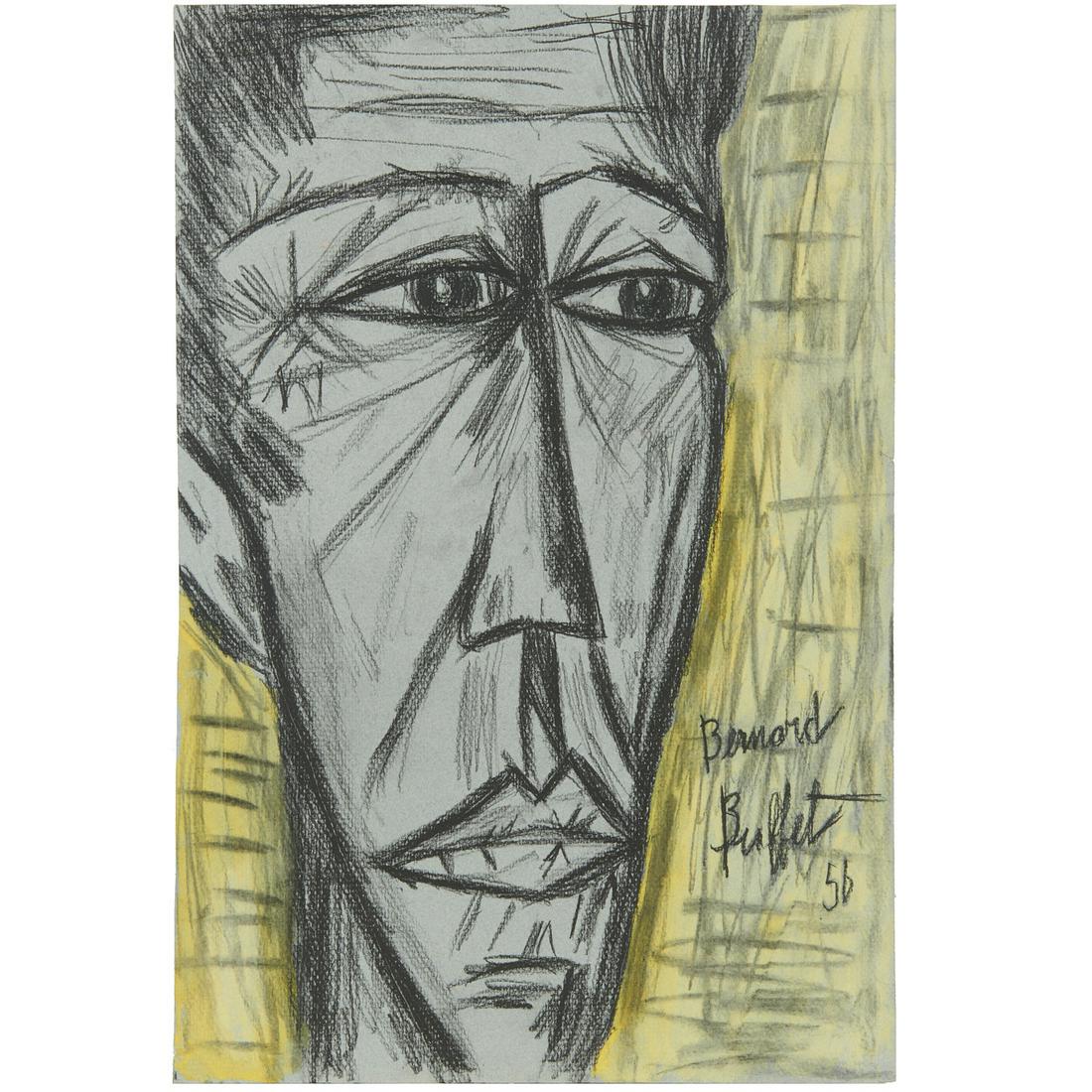 Bernard Buffet (attrib.), crayon and watercolor: Bernard Buffet (attrib.), crayon and watercolor, Attributed to Bernard Buffet (French, 1928-1999), Untitled portrait, 1956, black crayon and watercolor on paper, signed and dated lower right, matted a