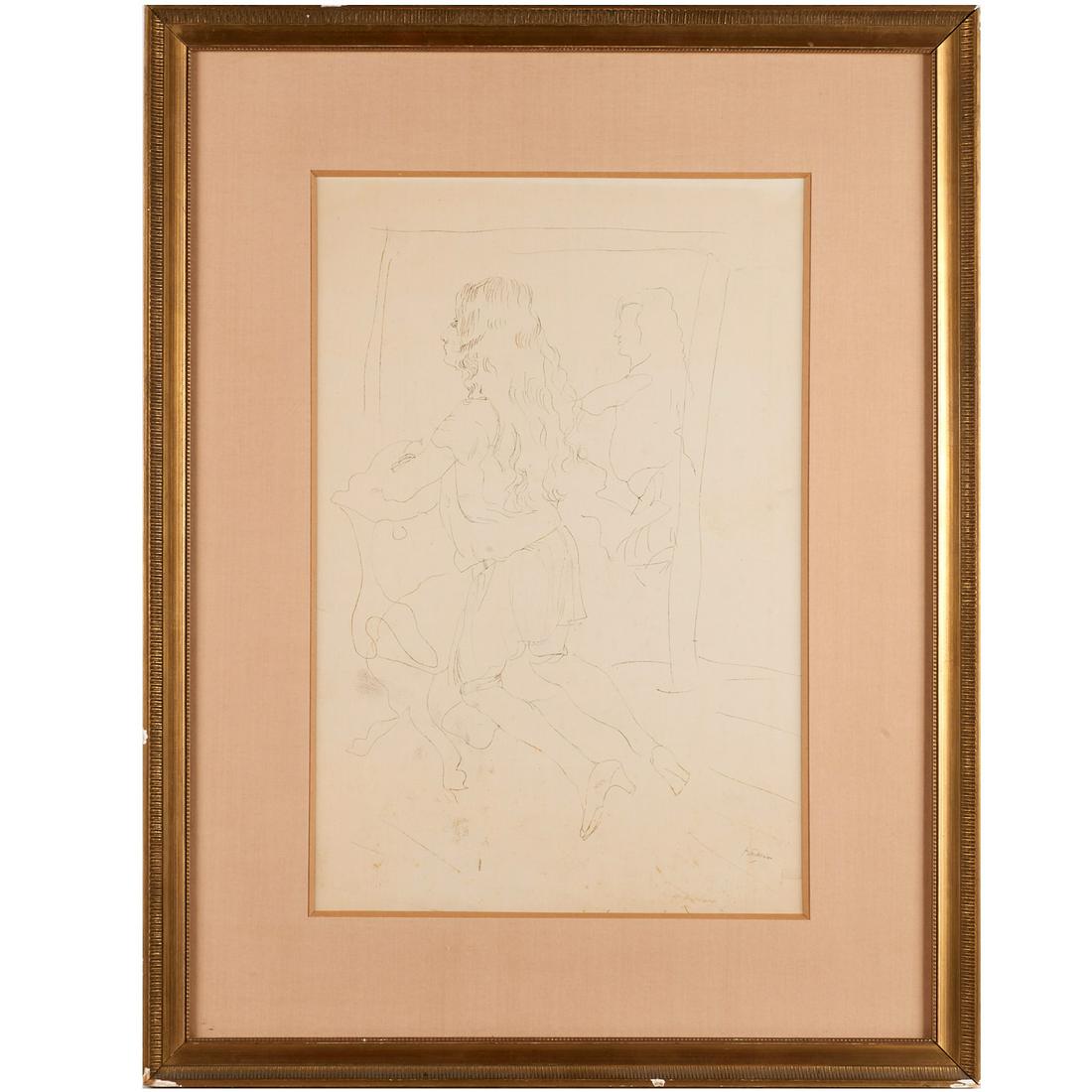 Jules Pascin, pencil sketch, 1929: Jules Pascin, pencil sketch, 1929, Jules Pascin (French,1885-1930), "Girl from the Follies Bergere Praying", black ink on paper, signed lower right, Atlelier Pascin blindstamp lower right corner, gall
