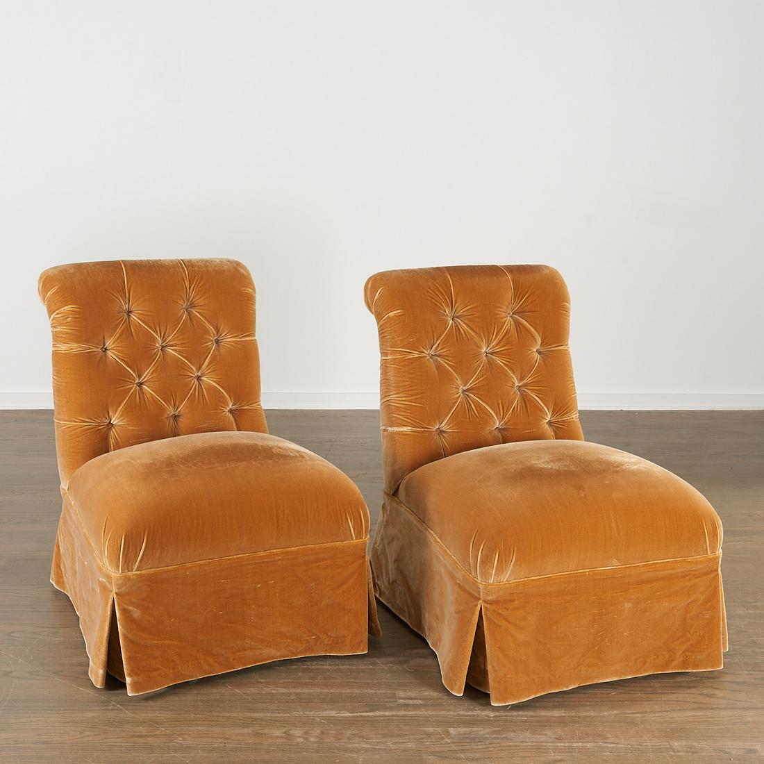 Pair Designer skirted velvet chairs: Pair Designer skirted velvet chairs, 20th c., likely supplied by Michael Taylor, gold silk velvet upholstery and skirt, dark stained wood legs raised on brass casters, unlabeled and likely custom, gre