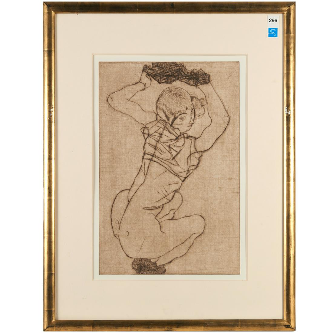 Egon Schiele, dry point etching, 1914/1990: Egon Schiele, dry point etching, 1914/1990, Egon Schiele (Austrian,1890-1918), "Crouching Woman", brown ink on woven paper, published by Galerie St. Etienne and with gallery label verso, pencil initia