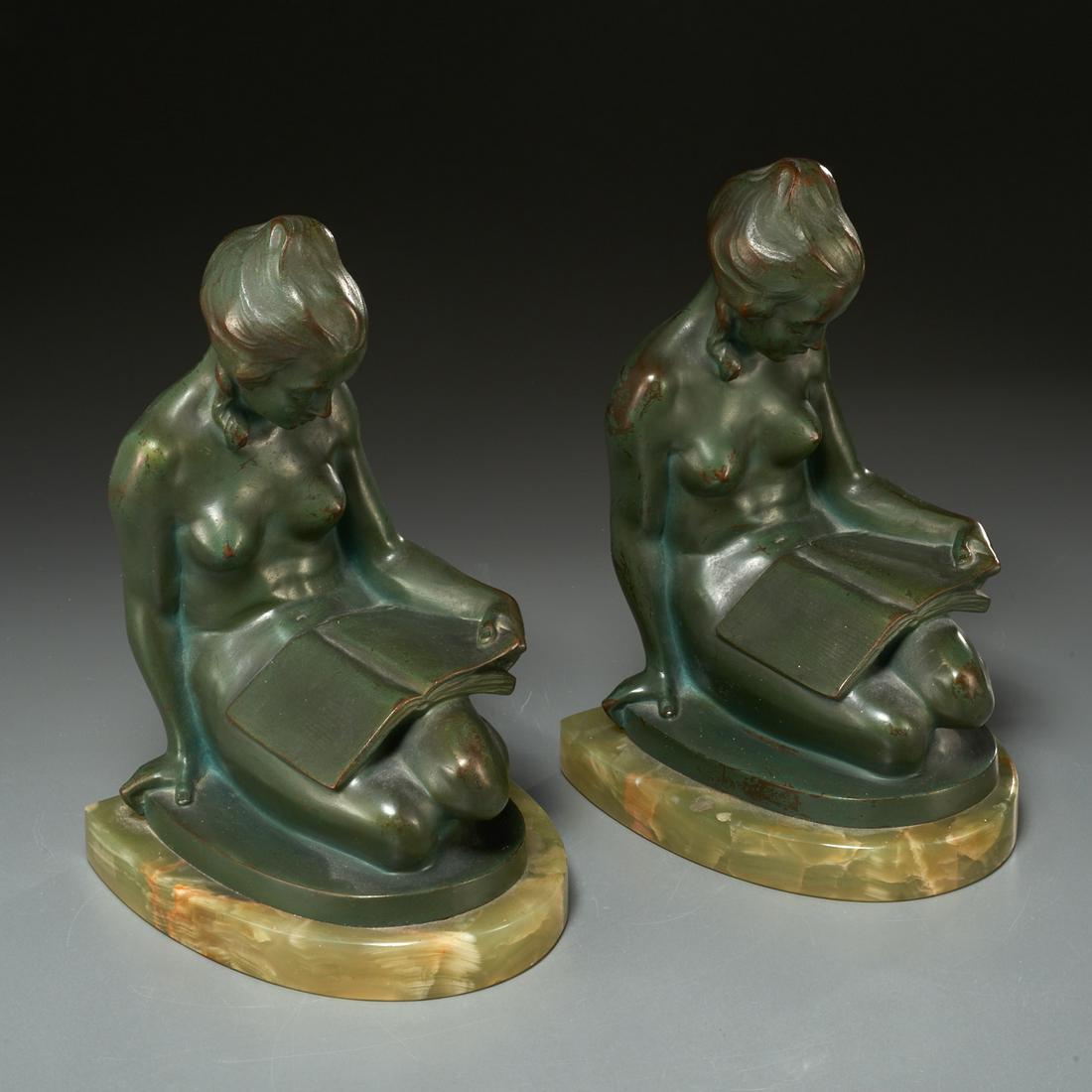 Josef Lorenzl (after), bronze nude female bookends: Josef Lorenzl (after), bronze nude female bookends, After Josef Lorenzl (Austrian, 1892-1950), green patinated cast bronze, green onyx base, each cast signed "Lornenzl" and "Austria" on the reverse, e