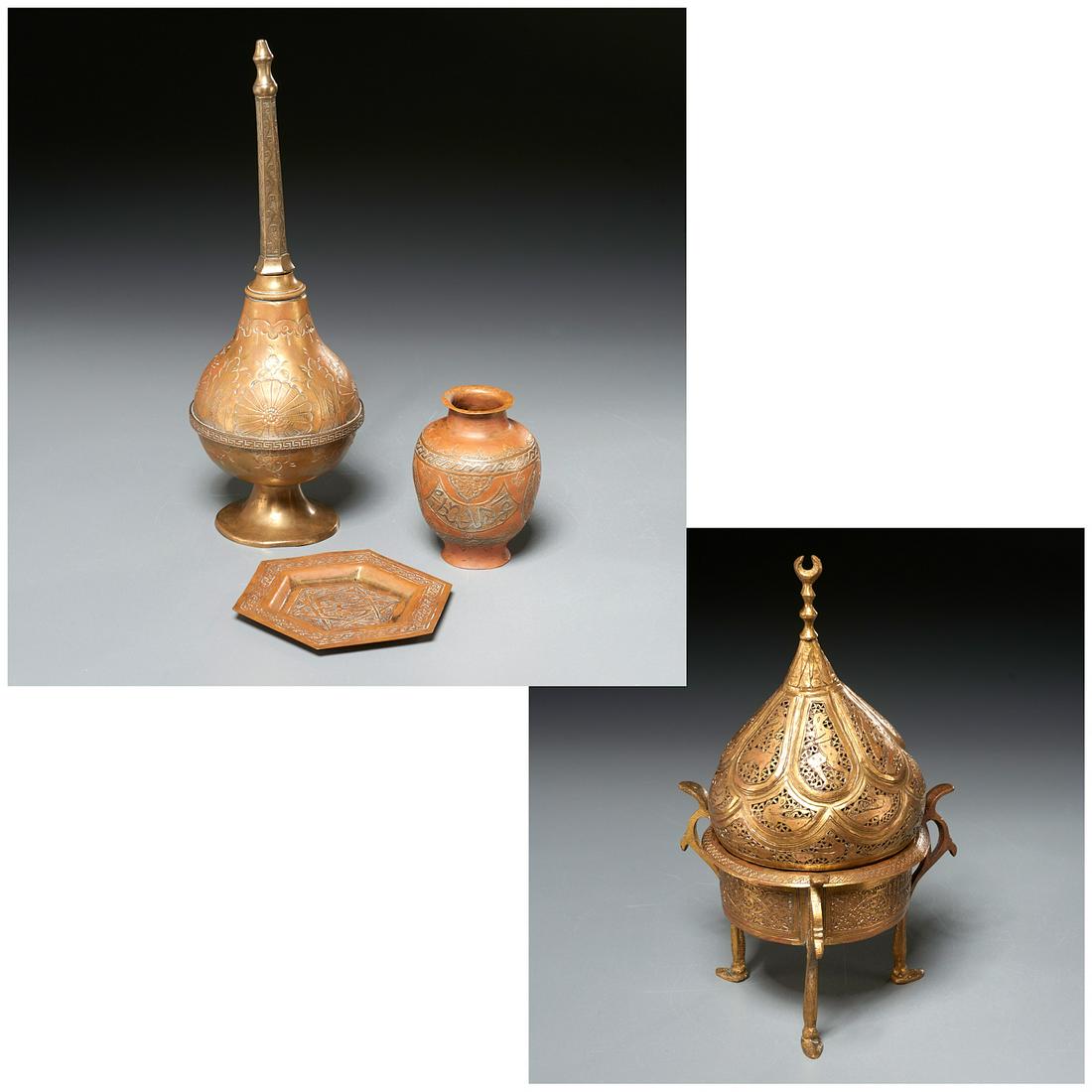 (4) Islamic inlaid brass table items, ex-museum (1 of 12)