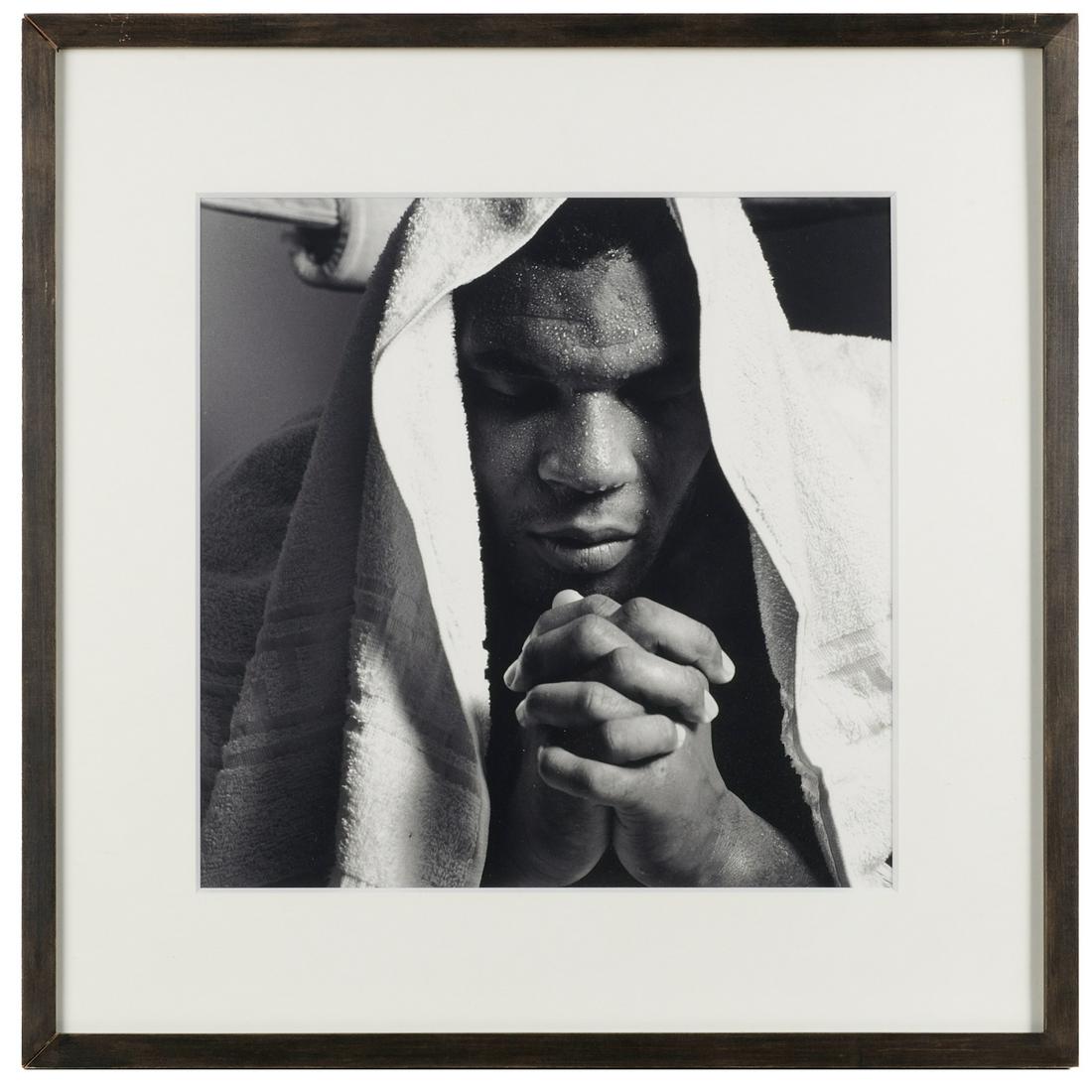 Michel Comte, Mike Tyson, 1990: Michel Comte, Mike Tyson, 1990, Michel Comte (Swiss, b. 1954), "Mike Tyson, Training Camp, Ohio, 1990", gelatin silver print, pencil signed on verso, matted and framed under plexiglass, 14.5"h x 14.5"