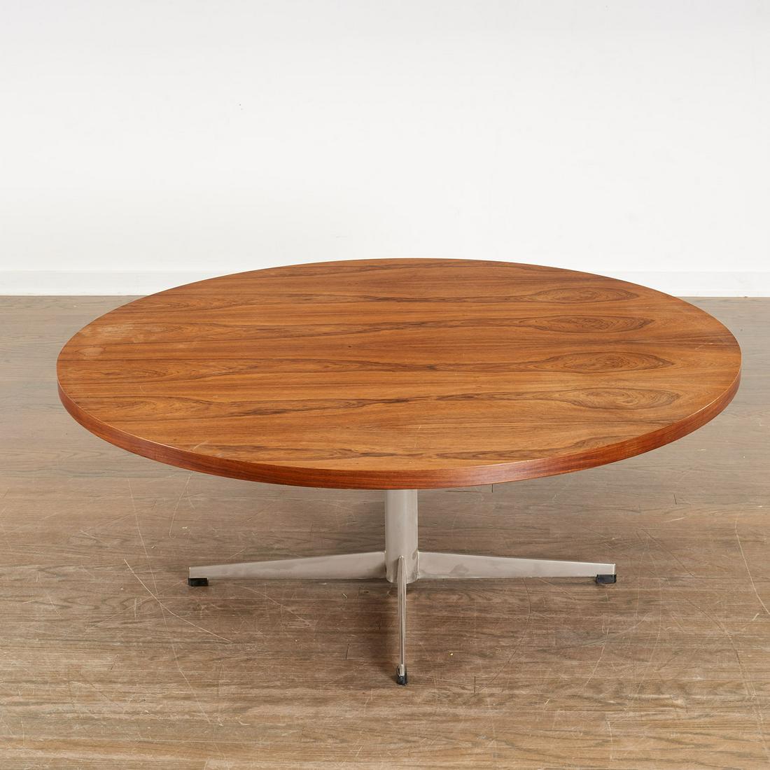 Arne Jacobsen (style), pedestal coffee table: Arne Jacobsen (style), pedestal coffee table, c. 1950, book-matched highly figured rosewood veneered top, aluminum pedestal base, plastic feet, unsigned, after a design for Fritz Hansen, 18"h x 47.5"d