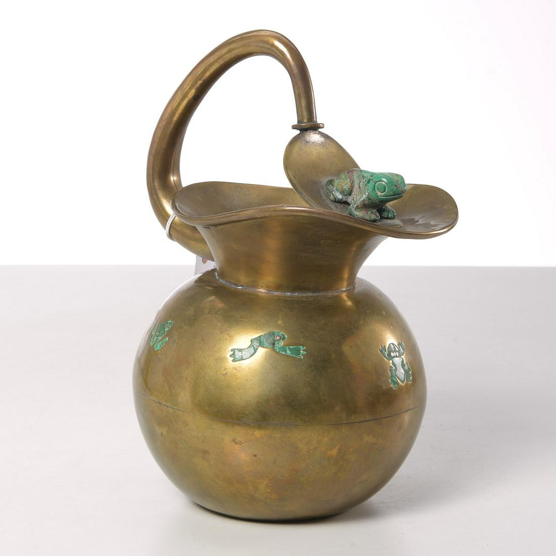 Los Castillo malachite and brass frog pitcher: Los Castillo malachite and brass frog pitcher, 20th c., factory stamp to underside, 10"h x 6"w x 7"d