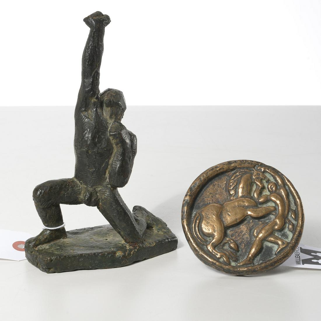 German Expressionist School, (2) bronzes: German Expressionist School, (2) bronzes, German Expressionist School (20th c.), Kneeling nude male with arm extended, and a round relief plaque of a nude male battling a horse, each unmarked, 7.75"h