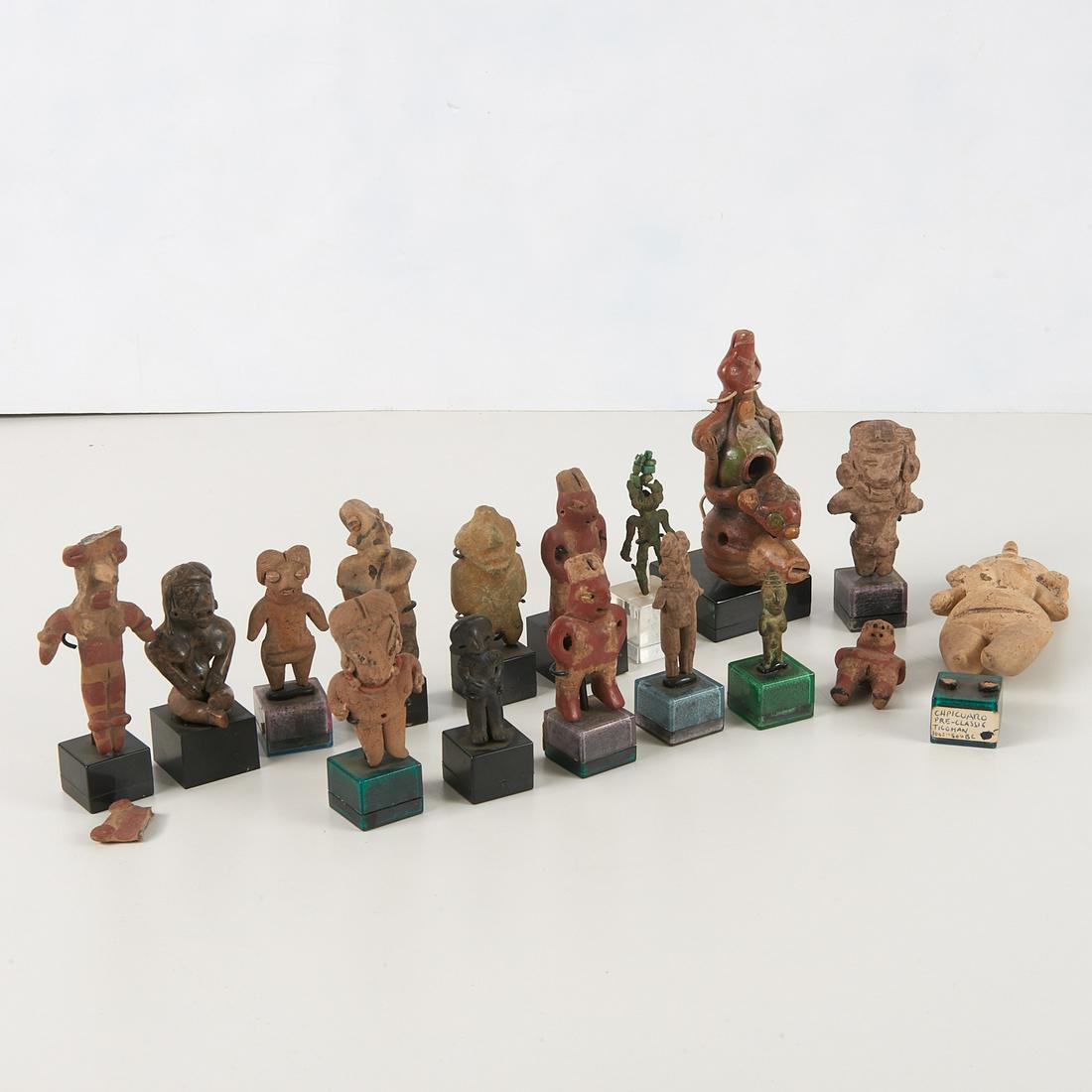 Collection Pre-Columbian figures and pipe: Collection Pre-Columbian figures and pipe, Incl. a Huastec figural pipe and (15) figurines, some with stands labeled Chupicuaro, Mochica, Jalisco, etc., most earthenware, one copper with beaded headdr