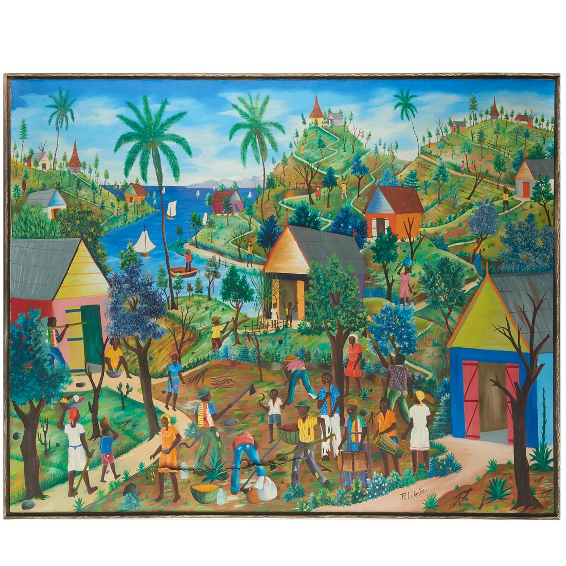 Philton Latortue, painting: Philton Latortue, painting, Philton Latortue (Haitian, b. 1944), village scene, oil on canvas, signed lower right "Ph. Latortue", 38.25"h x 47.75"w (canvas), 39"h x 49"w (frame)