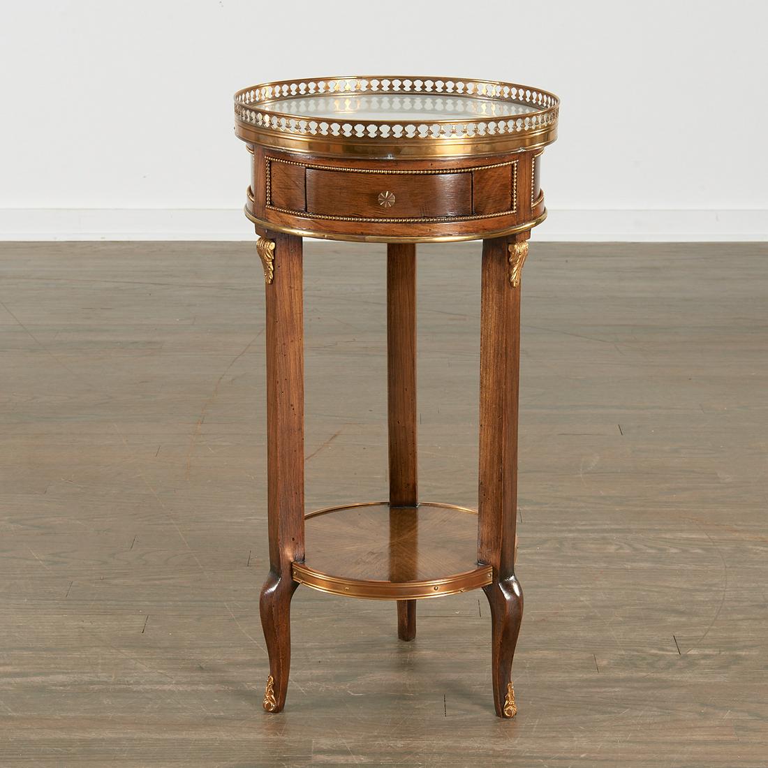 Louis XVI style two-tier small gueridon: Louis XVI style two-tier small gueridon, 19th/20th c., fruitwood frame, white marble top, gilt bronze fittings with pierced gallery, with single frieze drawer and beaded border, 25"h x 13"dia Provenan