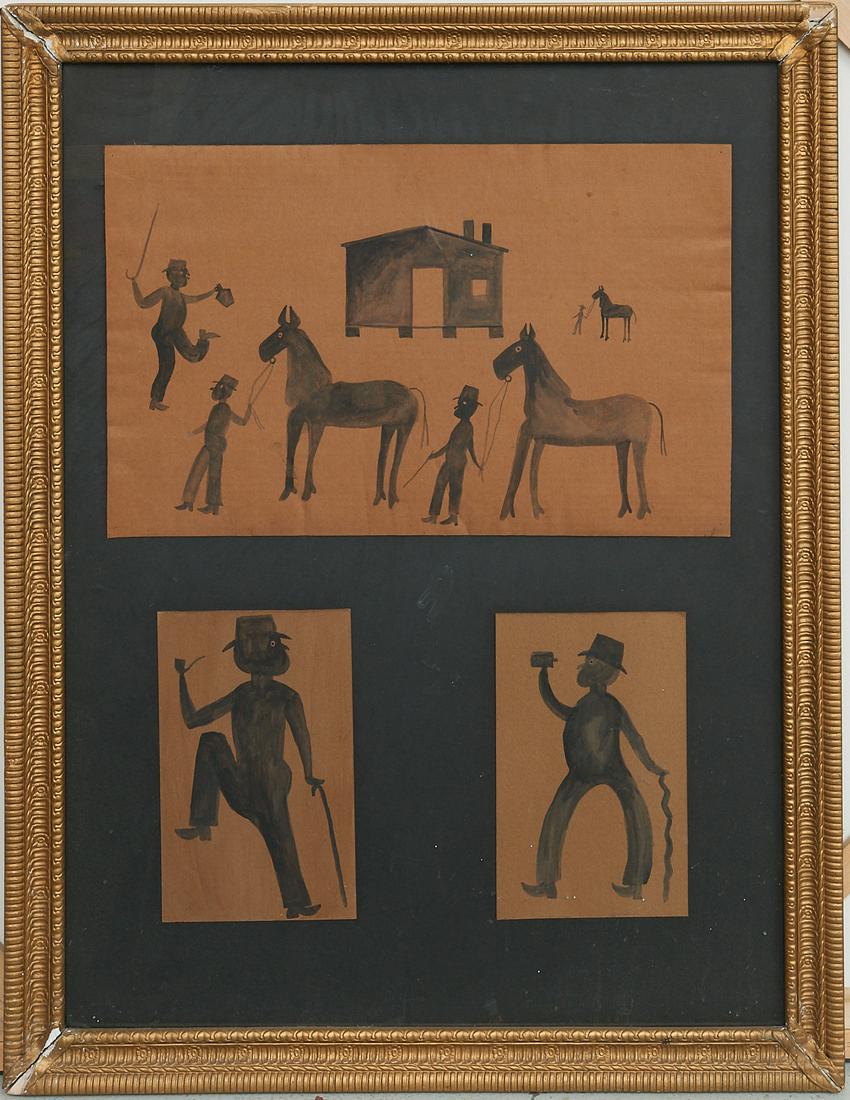 Bill Traylor (manner), (3) folk art paintings: Bill Traylor (manner), (3) folk art paintings, Manner of Bill Traylor (American, 1854-1949), ink/watercolor on brown cardboard, mounted en suite on board, no signature visible, 39.5"h x 29.5"w (sight)