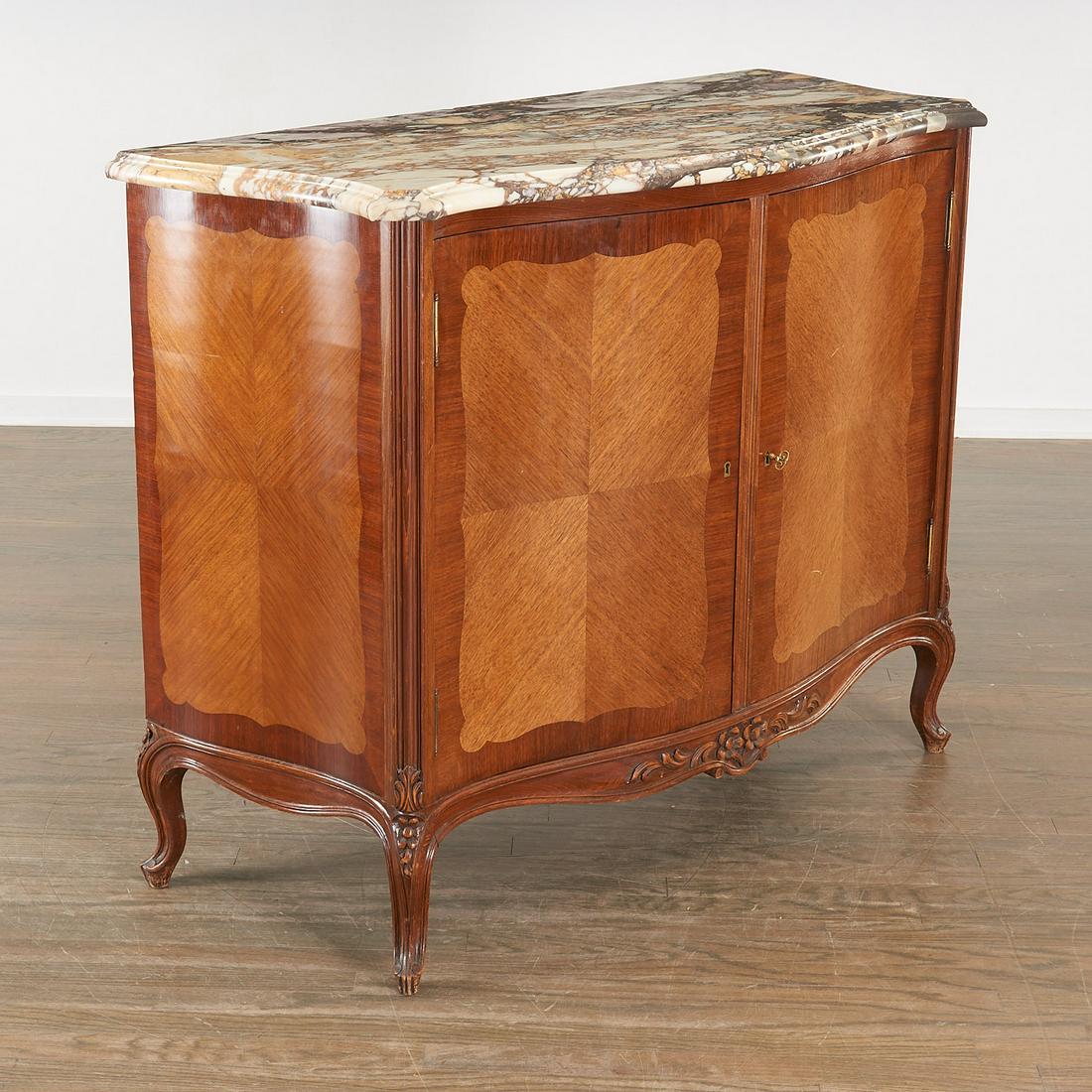 Louis XV style commode a vantaux: Louis XV style commode a vantaux, First half 20th c., shaped marble top over serpentine-front two-door cabinet, opening to drawers and shelves, raised on channel-carved cabriole legs, Coppi y Maffioli