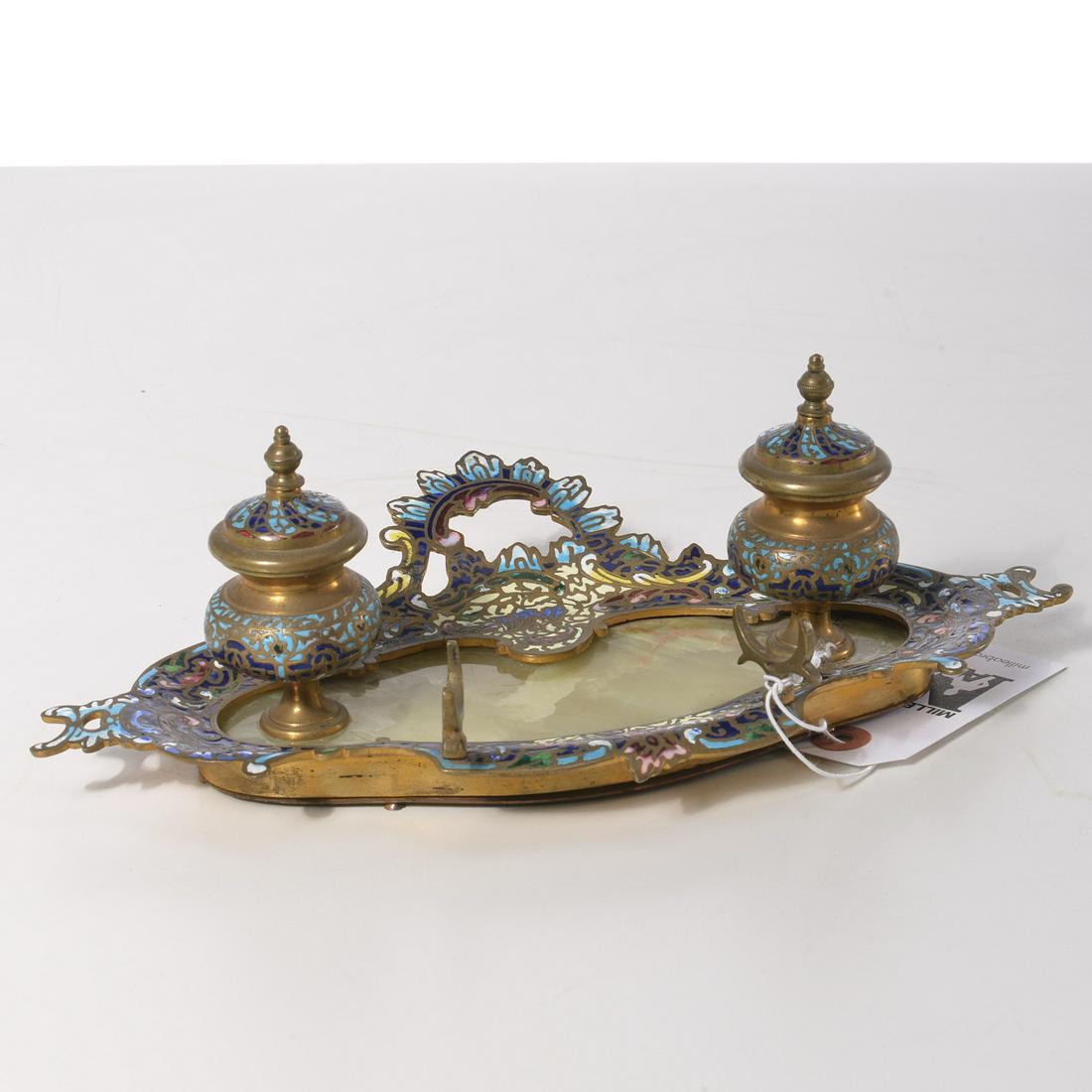 French gilt metal and champleve inkstand: French gilt metal and champleve inkstand, Late 19th c., double well with pen rest, inset green onyx, 4"h x 10.5"w x 6.5"d