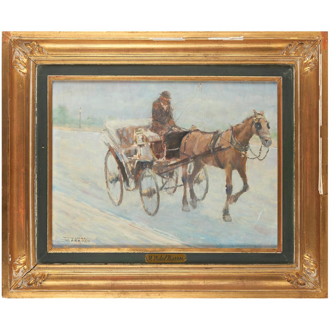 Manuel Vidal Barros, painting: Manuel Vidal Barros, painting, Manuel Vidal Barros (Spanish, 1907-1976), "Un Dia Gris", oil on Masonite, signed "M. Vidal Barros" at lower left, signed and titled verso, 11.5"h x 15.25"w (sight), 18"h