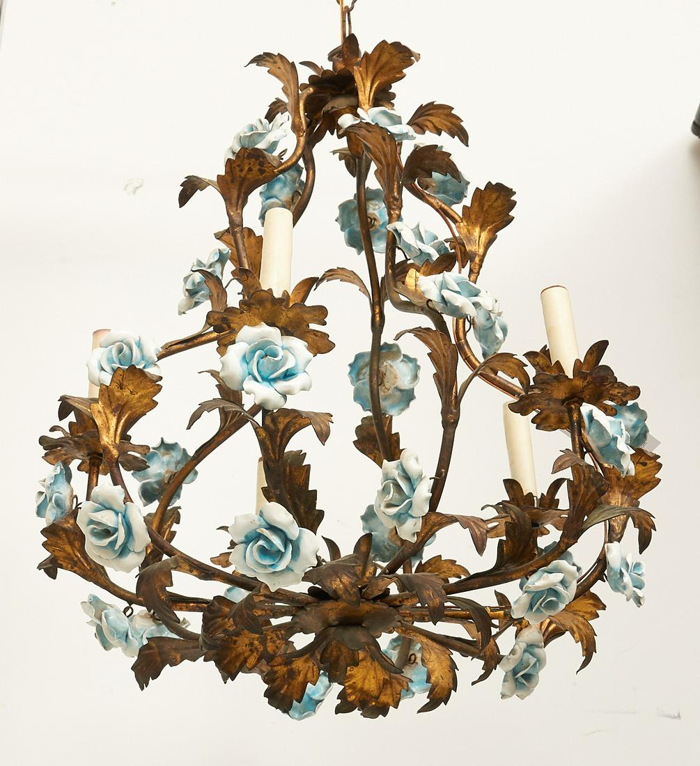 Italian gilt metal & porcelain rosebush chandelier: Italian gilt metal & porcelain rosebush chandelier, 20th c., 5-light, gilt metal foliage with blue and white enameled porcelain roses, unmarked, approx. 33"h x 18"w (total)