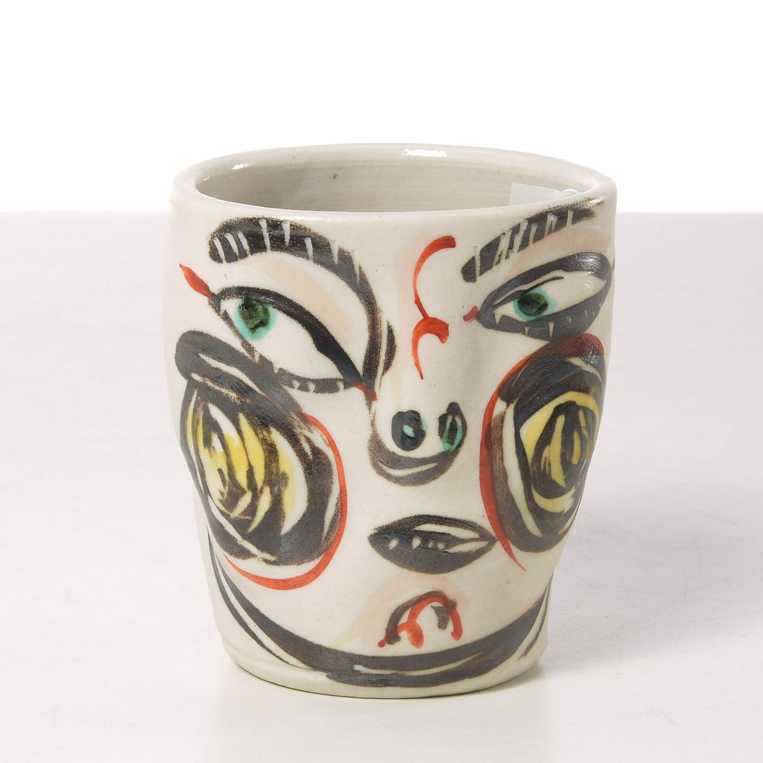 Akio Takamori, ceramic portrait cup: Akio Takamori, ceramic portrait cup, Akio Takamori (Japanese/American, b. 1950), Untitled, small face cup, signed "Akio" down side, 4"h x 3.5"w Provenance: Property removed from 1240 Park Avenue, NYC