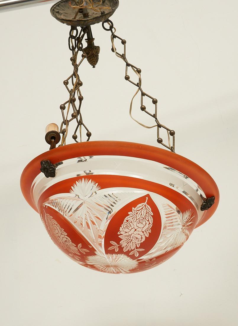 Continental Deco cut and enameled glass chandelier: Continental Deco cut and enameled glass chandelier, 20th c., probably Austrian or Czech, 3-light dome fixture, acid etched rose decoration, unmarked, approx. 25"h x 14.25"dia (total)