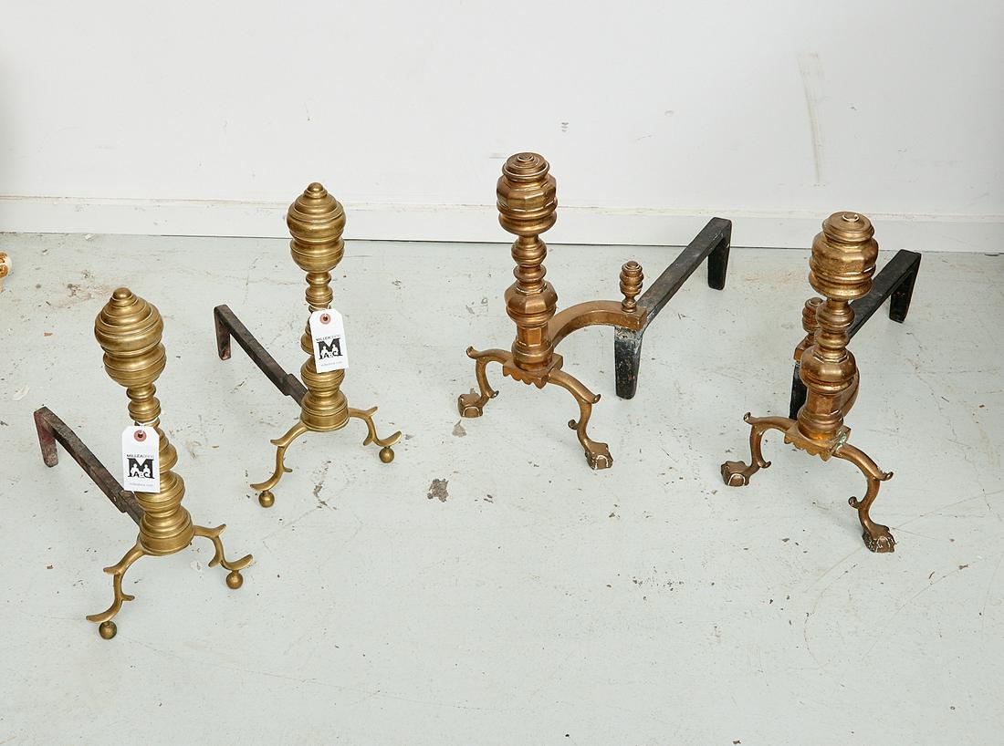 (2) Pairs American Federal brass andirons: (2) Pairs American Federal brass andirons, 19th c., turned form, wrought iron log stands, 19"h x 8.5"w x 16.25"d