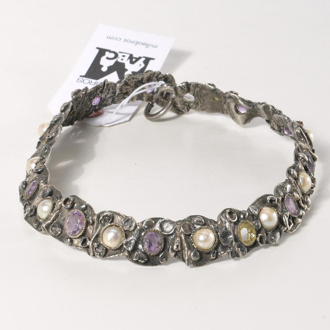 Signed silver, amethyst, and pearl collar necklace: Signed silver, amethyst, and pearl collar necklace, 20th c., silver choker necklace with cabochon pearls and faceted amethyst stones, hinged, clasp marked "Sterling", necklace signed illegibly "Anay"(