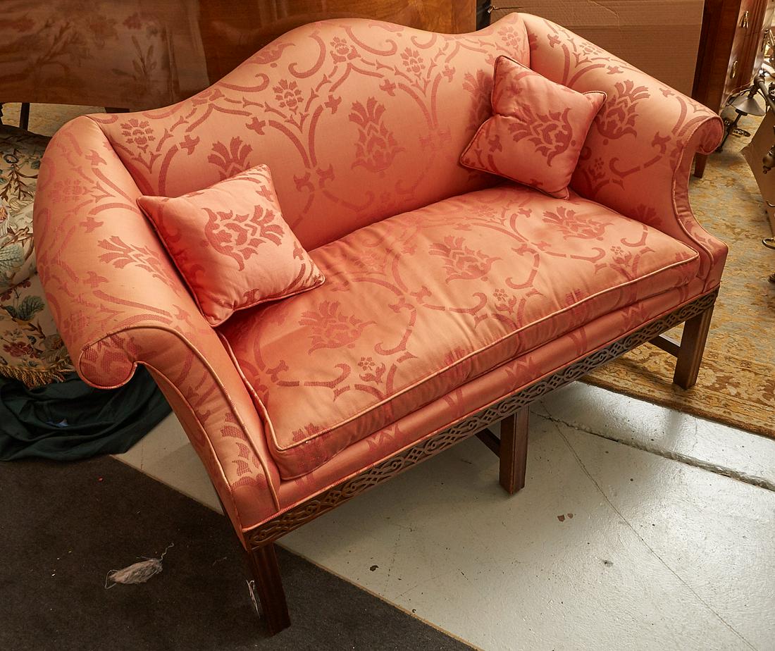 Chinese Chippendale style settee: Chinese Chippendale style settee, 20th c., with cranberry damask upholstery, 31"h x 59"w x 24.5"d