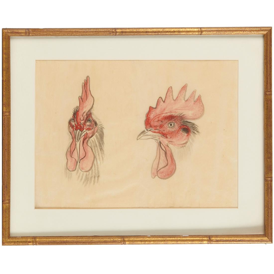 Xu Beihong (manner of), watercolor study: Xu Beihong (manner of), watercolor study, Manner of Xu Beihong (Chinese, 1895-1953), Rooster Study, watercolor and ink on gold flecked paper, unsigned, matted and framed under glass, 9"h x 12"w (sight