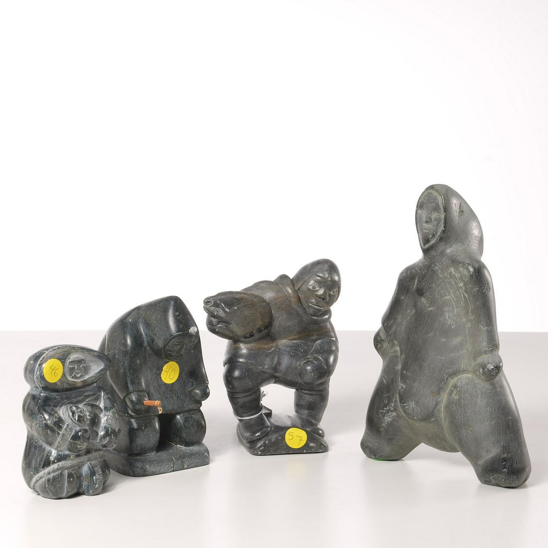 (4) Inuit figural stone carvings: (4) Inuit figural stone carvings, 20th c., incl. a small mother and child figure signed "Ken", the others numbered, 10"h x 6.75"w x 2.75"d (largest), 5"h x 3"w (smallest)