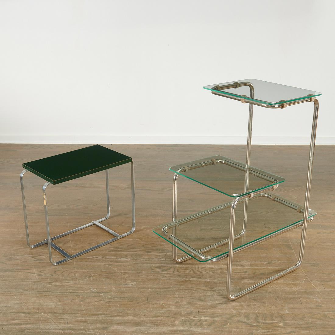 (2) Bauhaus or Art Deco chrome occasional tables: (2) Bauhaus or Art Deco chrome occasional tables, c. 1920s, incl. a tube metal and glass three tier etagere side table by Emile Guyot for Thonet, model B136, 34"h x 26"l x 16"w, and a Donald Deskey st