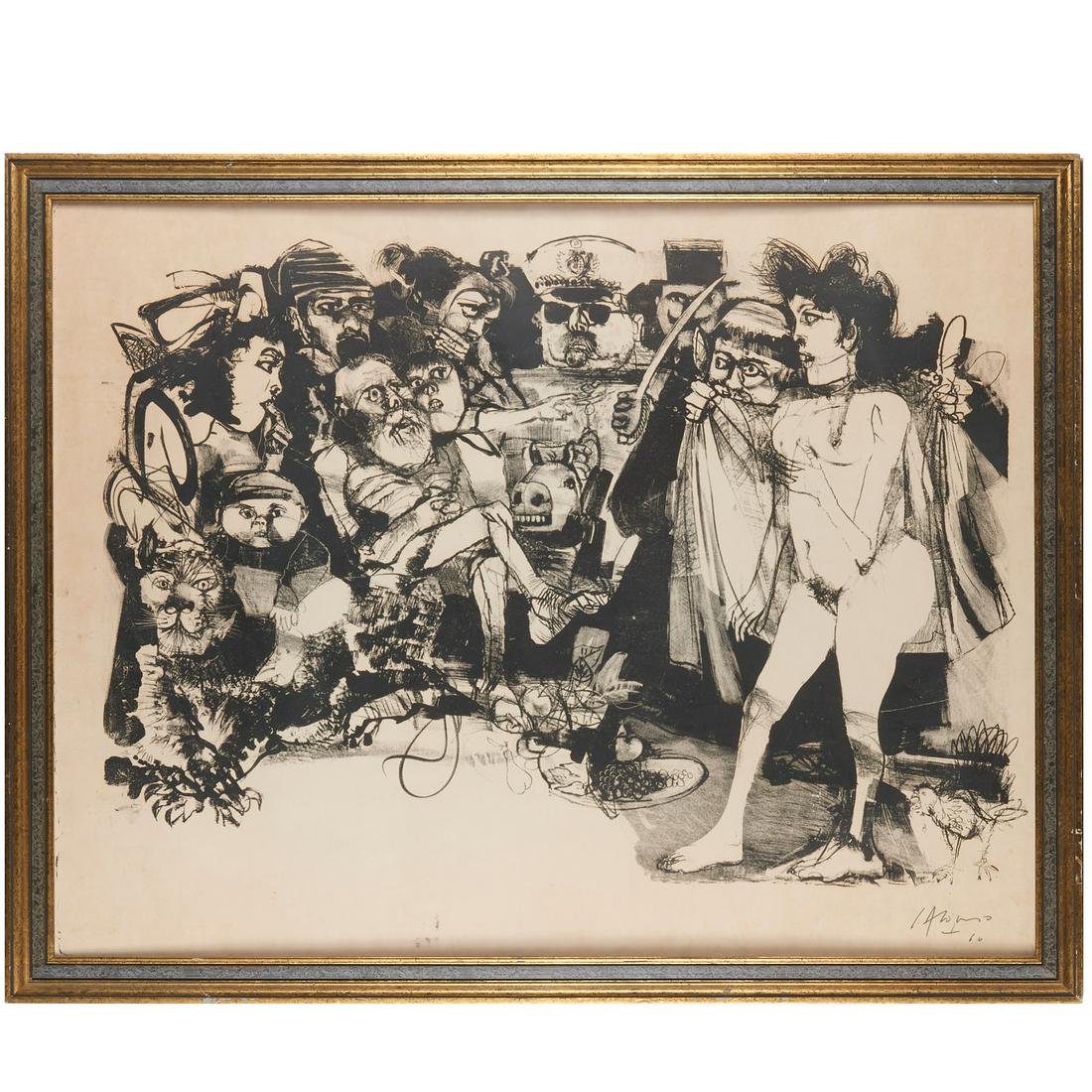Carlos Alonso, lithograph: Carlos Alonso, lithograph, Carlos Alonso (Argentinian, b. 1929), Nude with Crowd, 1966, lithograph on paper, dated and pencil signed lower right, 25"h x 33"w (sight), 28"h x 35.5"w (frame)