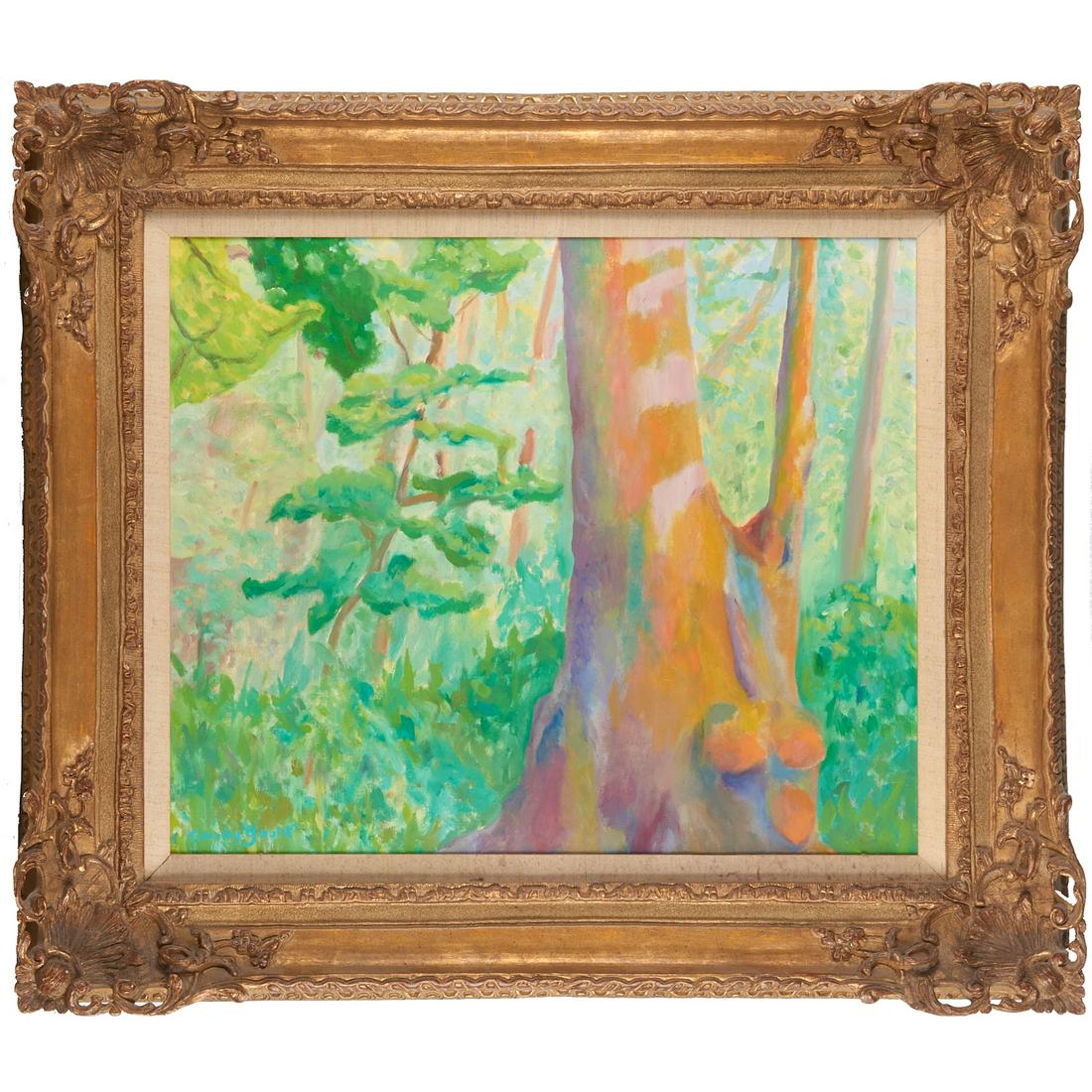 Timothy Gould, painting: Timothy Gould, painting, Timothy Gould (20th c.), Impressionist Woodlands, oil on canvas, signed lower left, 21"h x 25"w (sight), 30.5"h x 35"w (frame) Notes/Literature: Frame by Melvin Picture Frame 