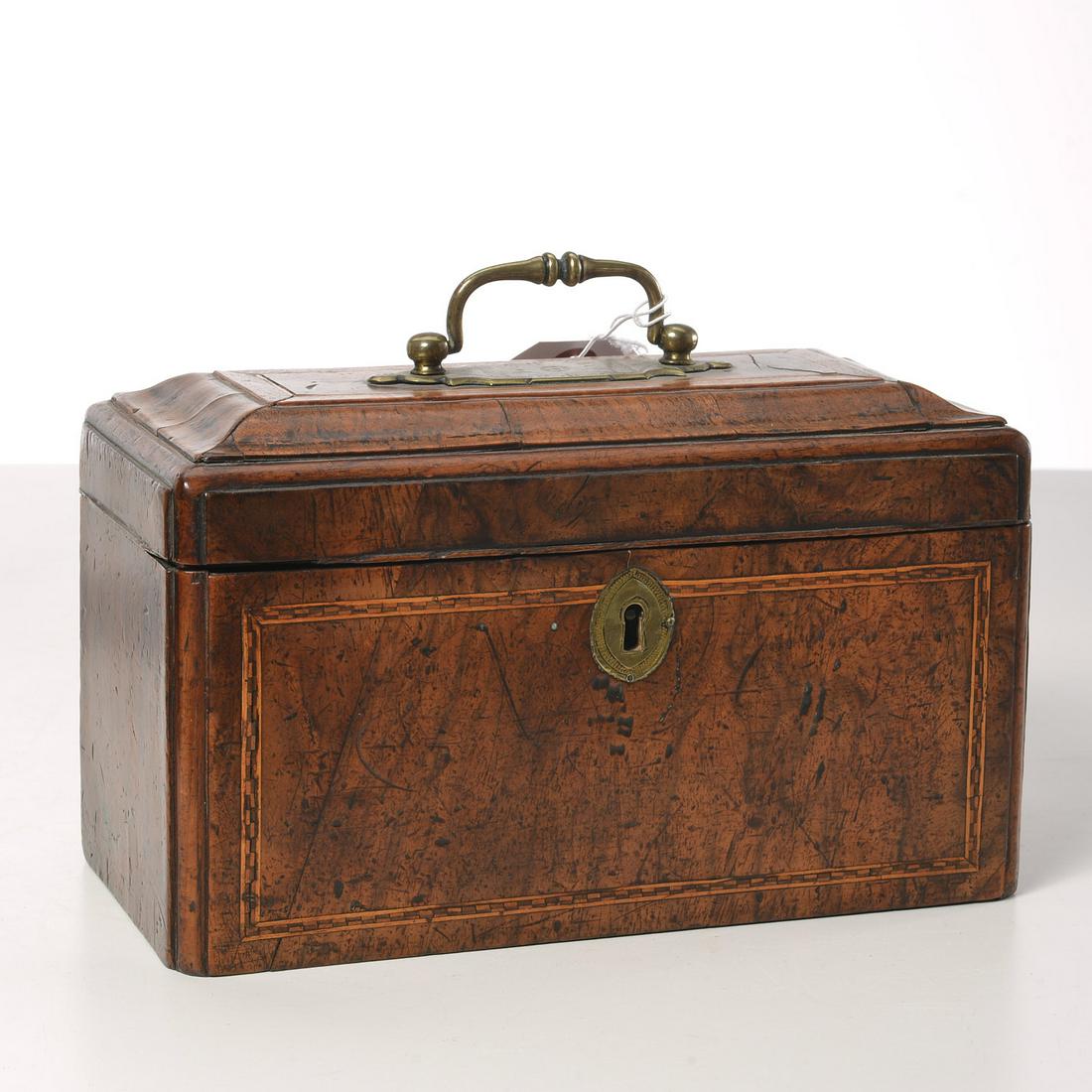 George II walnut tea caddy stamped "HS": George II walnut tea caddy stamped "HS", 18th c., English, with engraved brass handle and escutcheon, inlaid parquetry banding, divided interior, branded initials to underside "HS", 6.5"h x 9.75"w x 4