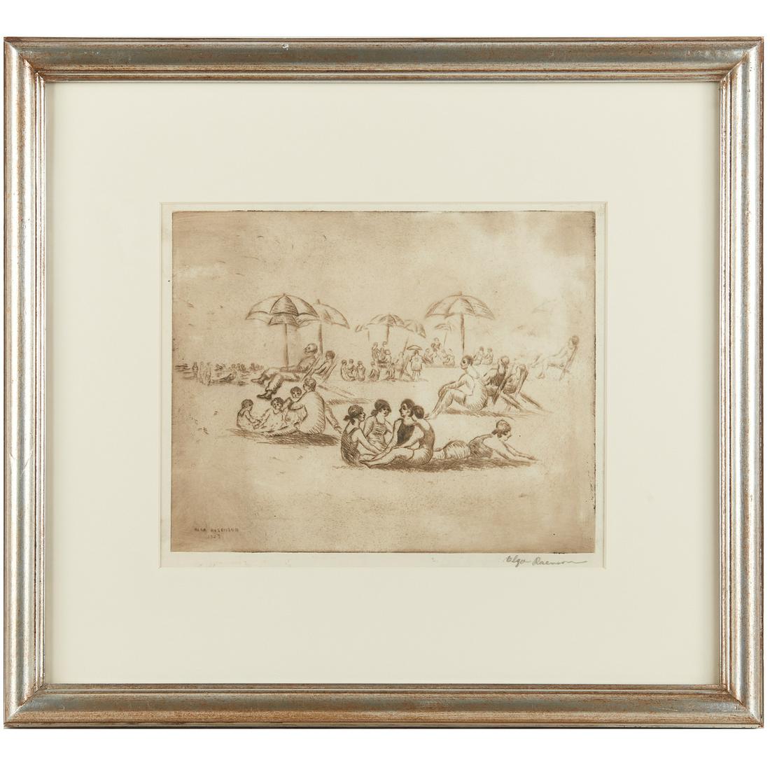 Olga Rosenson, etching: Olga Rosenson, etching, Olga Lea Rosenson (American, 1892-1952), Beach Umbrellas, etching on paper, 1928, pencil signed lower right and in the plate, 8.5"h x 10.25"w (sight), 16"h x 17.5"w (frame) Pro