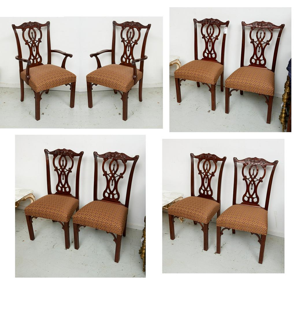 Set (8) Chippendale style dining chairs: Set (8) Chippendale style dining chairs, 20th c., with pierced splat backs, nicely upholstered seats, unmarked, 41"h x 21.5"w x 19.25"d