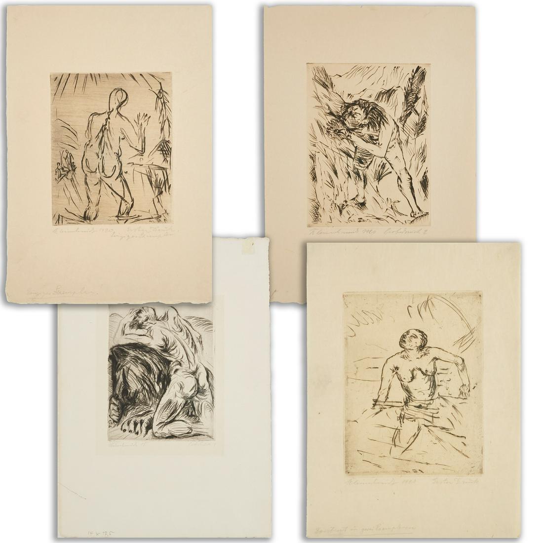 Paul Kleinschmidt, (4) etchings: Paul Kleinschmidt, (4) etchings, Paul Kleinschmidt (German, 1883-1949), "Daniel & the Lion", "Untitled", "Adam", and "Bathers", etchings on paper, pencil signed and dated, 1915-1920, gallery labels on