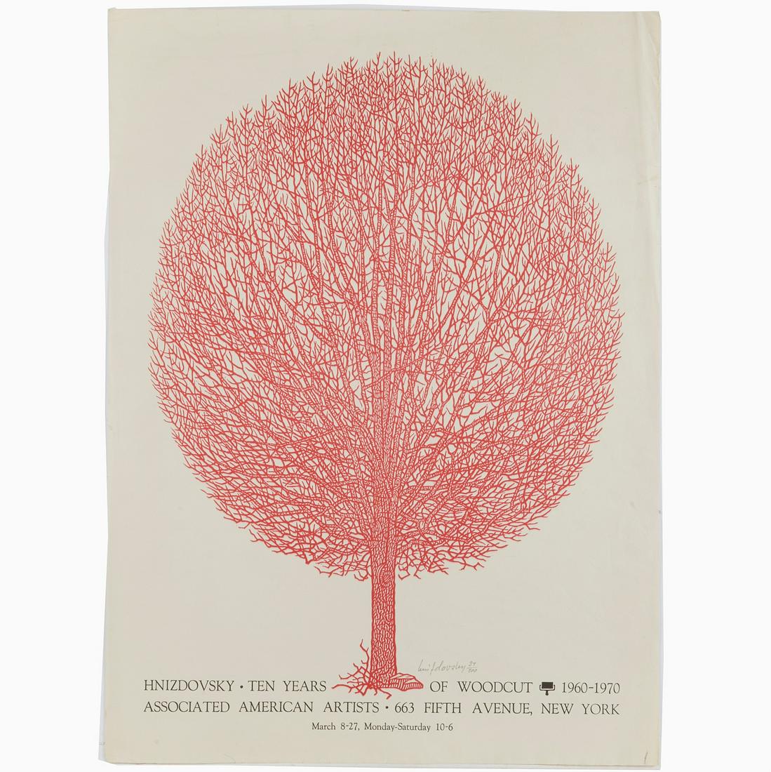 Jacques Hnizdovsky, signed print: Jacques Hnizdovsky, signed print, Jacques Hnizdovsky (Ukrainian-American, 1915-1985), "Ten Years of Woodcut 1960-1970" exhibition poster, pencil signed and numbered (24/200) lower right, 24.5"h x 18"w