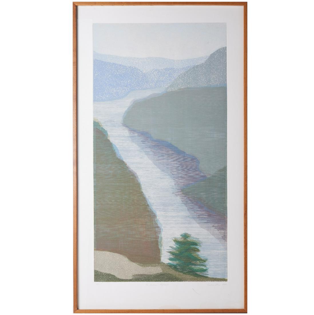 Caroline Stone, etching: Caroline Stone, etching, Caroline Stone (America, b. 1936), "The Hudson Highlands", 1983, etching with color on paper, signed and numbered (#3/21), 54.5"h x 31.75"w (frame) Provenance: A New York Corp