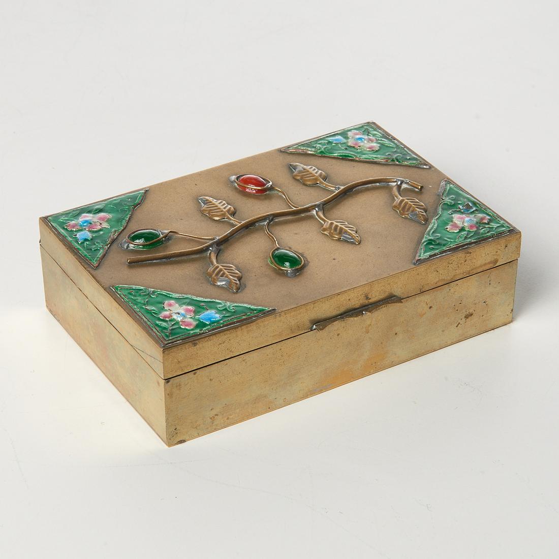 Chinese Art Deco brass and enamel box: Chinese Art Deco brass and enamel box, 20th c., with "Bedford & Co." foil label, 1.5"h x 5.25"w x 3.5"d