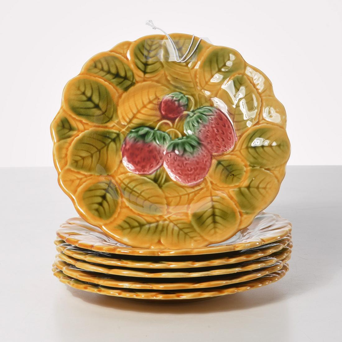 Set (6) Sarreguemines majolica dessert plates: Set (6) Sarreguemines majolica dessert plates, 20th c., French, in varying fruit motifs, factory stamp to underside, 7.75"dia