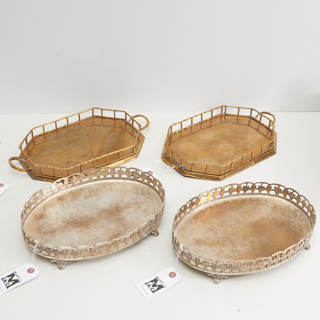 (2) pairs vintage Designer gallery trays: (2) pairs vintage Designer gallery trays, 20th c., incl. a grape bunch decorated white metal oval form pair, and faux bamboo brass pair, unmarked, 14"l x 8"w (slightly larger)